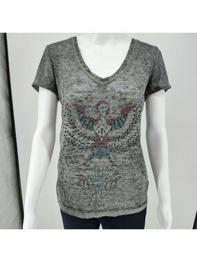 Y2K Aesthetic Crash & Burn Rhinestone Embellished Burnout V-Neck T-Shirt (8/M)